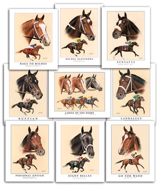 Famous thoroughbred racehorse fillies horse art paintings gift set