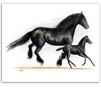 Friesian horse art paintings prints mare foal